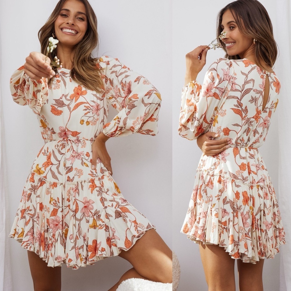 Selfie Leslie Rosabel Balloon Sleeve Fluted Hem Dress Vintage Floral Print sz XS